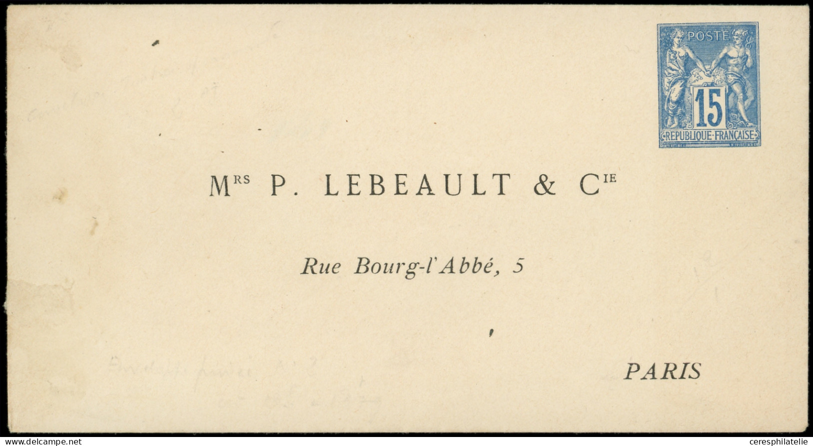 Let ENTIERS POSTAUX - Sage, 15c. Bleu, Env. TSC N°J94k, P. Lebeault Et Cie, Léger Pelurage Et Adh. Au Verso, Sinon TB - Other & Unclassified