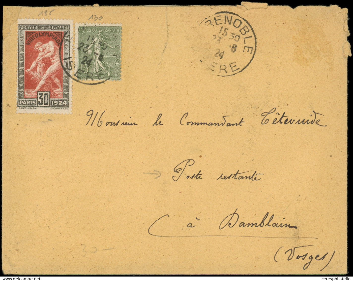 Let LETTRES DU XXe SIECLE - N°185 Et 130 Obl. Càd GRENOBLE 23/8/24 S. Env. Adressée En Poste Restante, Taxe Payée Au Dép - Briefe U. Dokumente