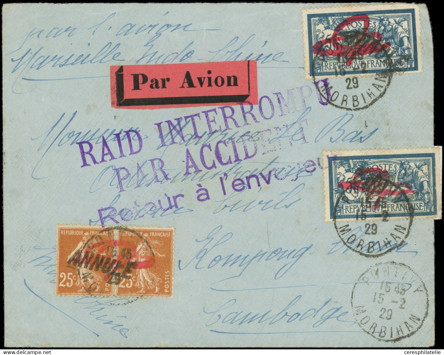 Let Aviation, Guerres, Maritimes Et Navales - N°123 (2) Surch. ANNULE, N°235 Paire Surch. ANNULE, Obl. PONTIVY 15/2/29 S - First Flight Covers