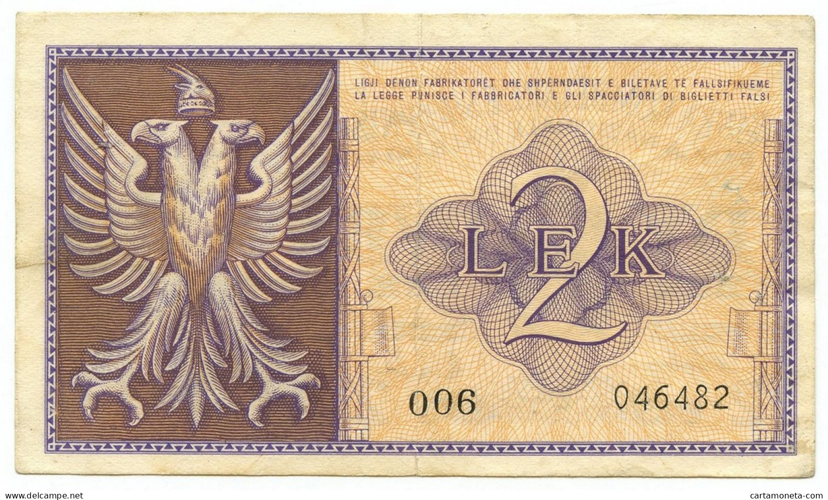 2 LEK REGNO D'ITALIA E ALBANIA BANCA NAZIONALE D'ALBANIA GENNAIO 1941 BB/SPL - Unclassified