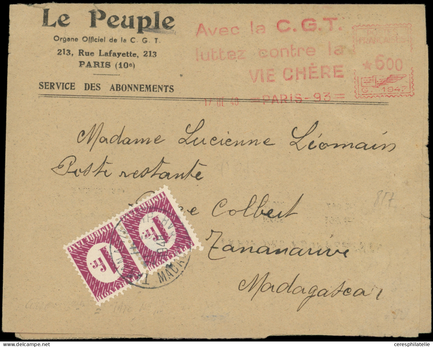 Let Taxe 32 : 1f. Lie De Vin, PAIRE Obl. Càd TANANARIVE S. Env. Le Peuple Avec Flamme "la C.G.T Luttez Contre La Vie Chè - Postage Due