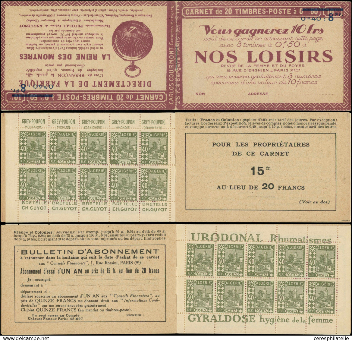 ALGERIE Carnet C45-3 : 40c. Olive, S. 115, NOS LOISIRS/LA REINE DES MONTRES, TTB - Other & Unclassified