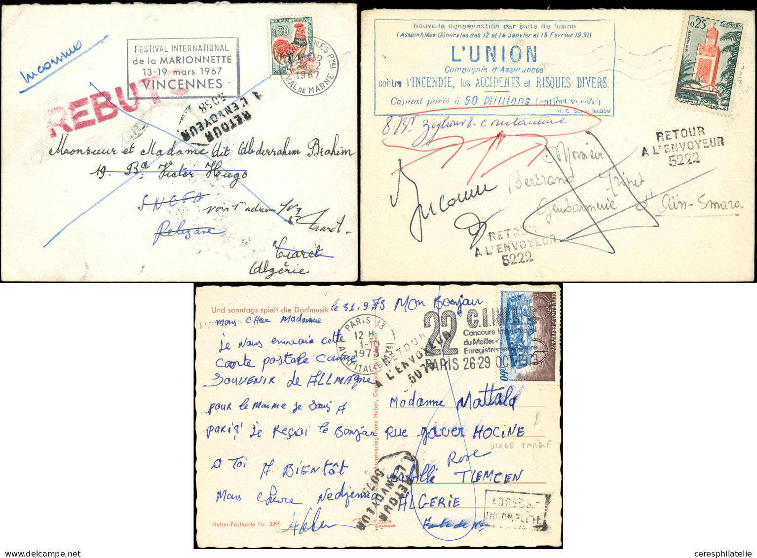 Let ALGERIE Lot De 15 Doc. Divers Avec Cachets De Retour à L'Envoyeur Différents, 1892-1973, TB - Other & Unclassified