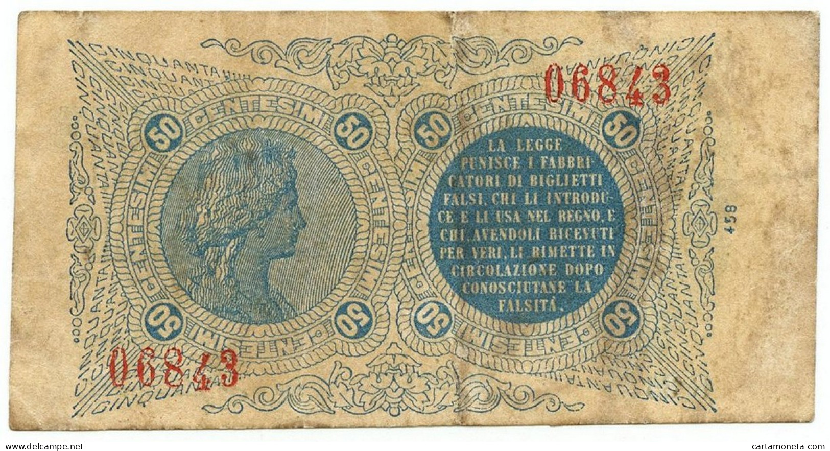 50 CENTESIMI BIGLIETTO CONSORZIALE REGNO D'ITALIA 30/04/1874 BB/BB+ - Biglietto Consorziale