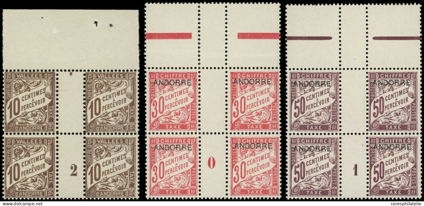 ** ANDORRE Taxe 2/4 : 10c. Brun, 30c. Rouge Carminé Et 50c. Lilas En BLOCS De 4 Mill. 2, 0 Et 1, Bdf, N°3 Amorce De Déco - Unused Stamps