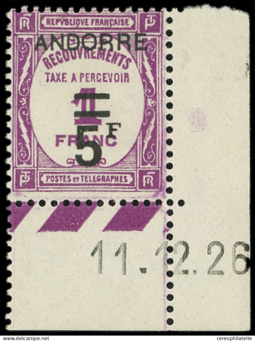 ** ANDORRE Taxe 15 : 5f. S. 1f. Lilas, Cdf Daté 11/12/26, TB - Unused Stamps