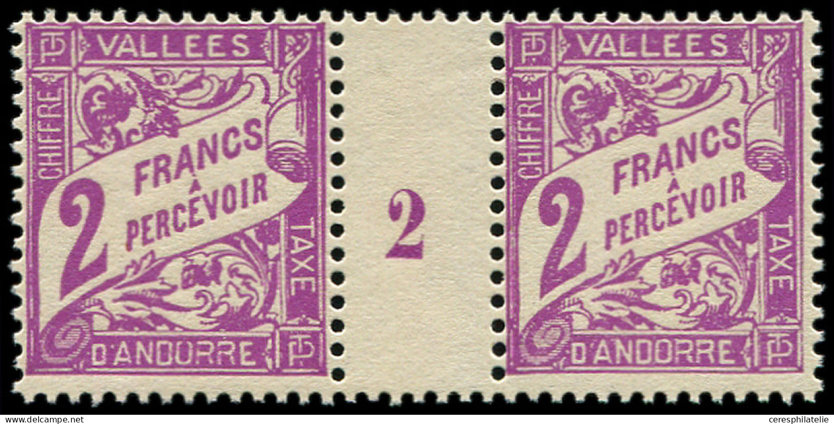 ** ANDORRE Taxe 19 : 2f. Violet, PAIRE Mill.2, TB - Unused Stamps