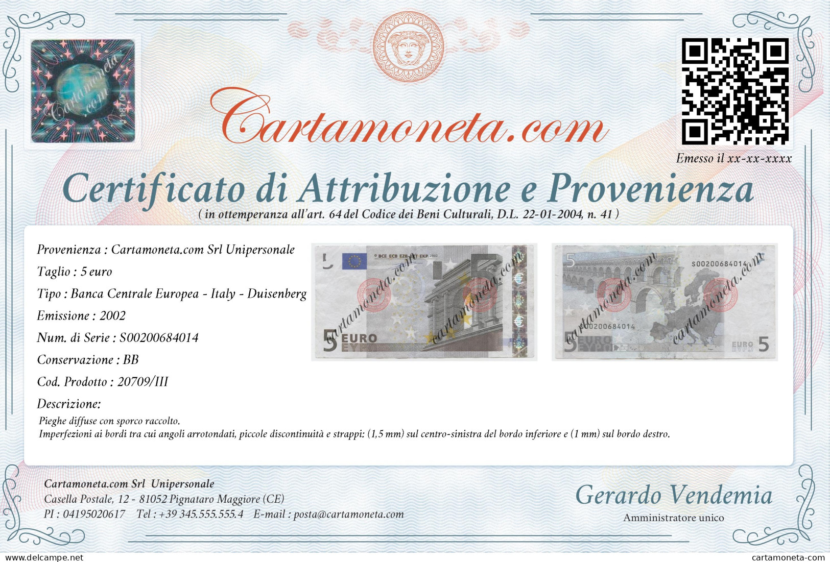 5 EURO ITALY FIRST SERIES DUISENBERG J001 A1 2002 BB - Otros & Sin Clasificación