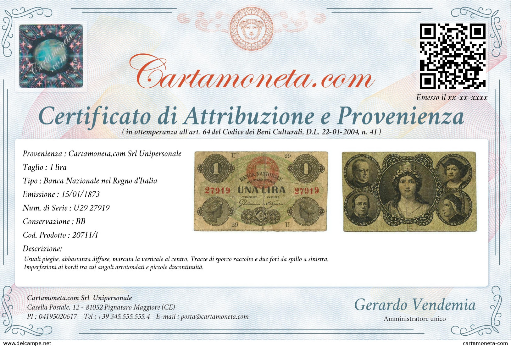 1 LIRA BANCA NAZIONALE NEL REGNO D'ITALIA 15/01/1873 BB - Otros & Sin Clasificación