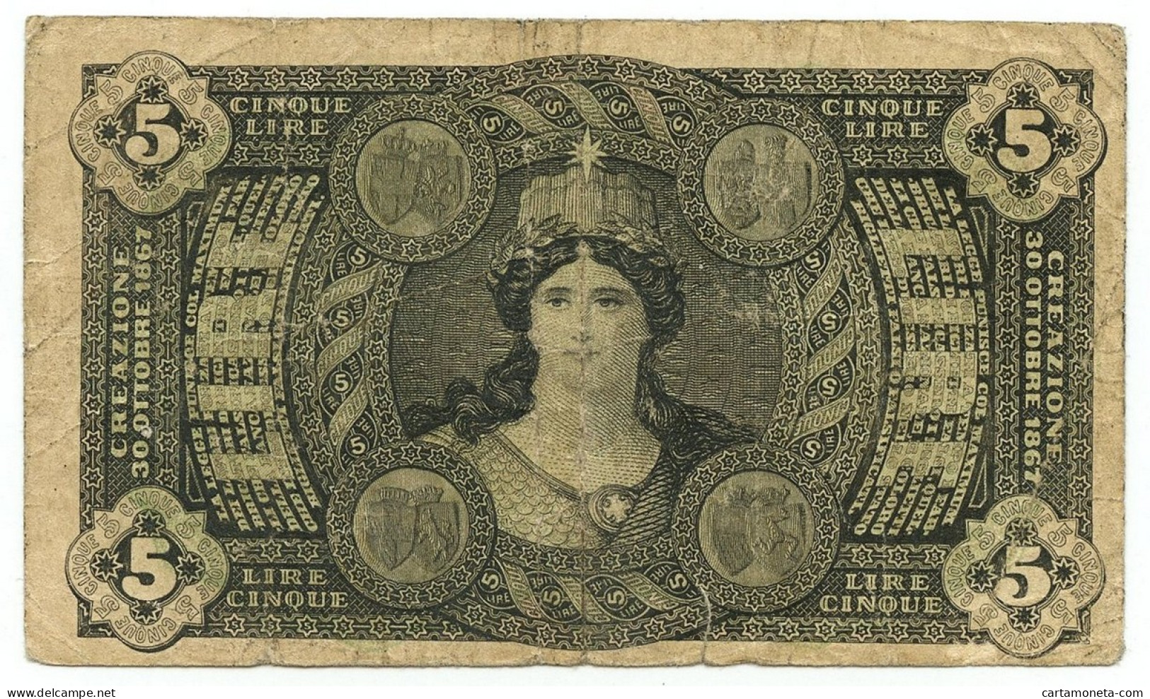 5 LIRE BANCA NAZIONALE NEL REGNO D'ITALIA NUOVO TIPO 30/10/1867 BB- - Sonstige & Ohne Zuordnung