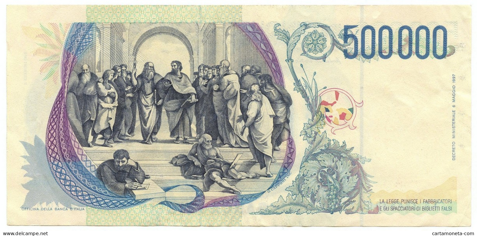 500000 LIRE BANCA D'ITALIA RAFFAELLO LETTERA A 13/05/1997 SPL - Altri & Non Classificati