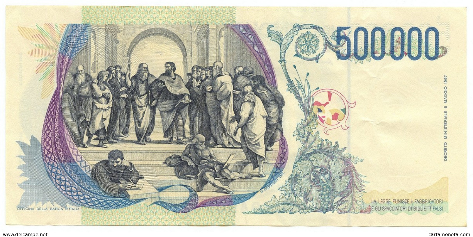 500000 LIRE BANCA D'ITALIA RAFFAELLO LETTERA A 13/05/1997 SPL/SPL+ - Altri & Non Classificati