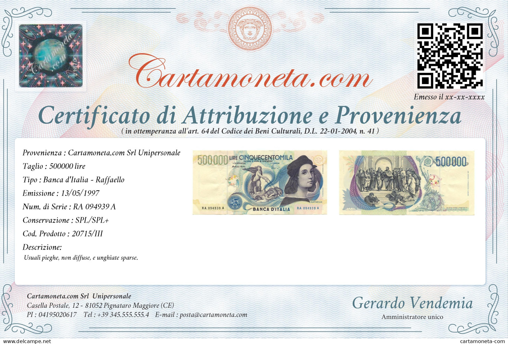 500000 LIRE BANCA D'ITALIA RAFFAELLO LETTERA A 13/05/1997 SPL/SPL+ - Altri & Non Classificati