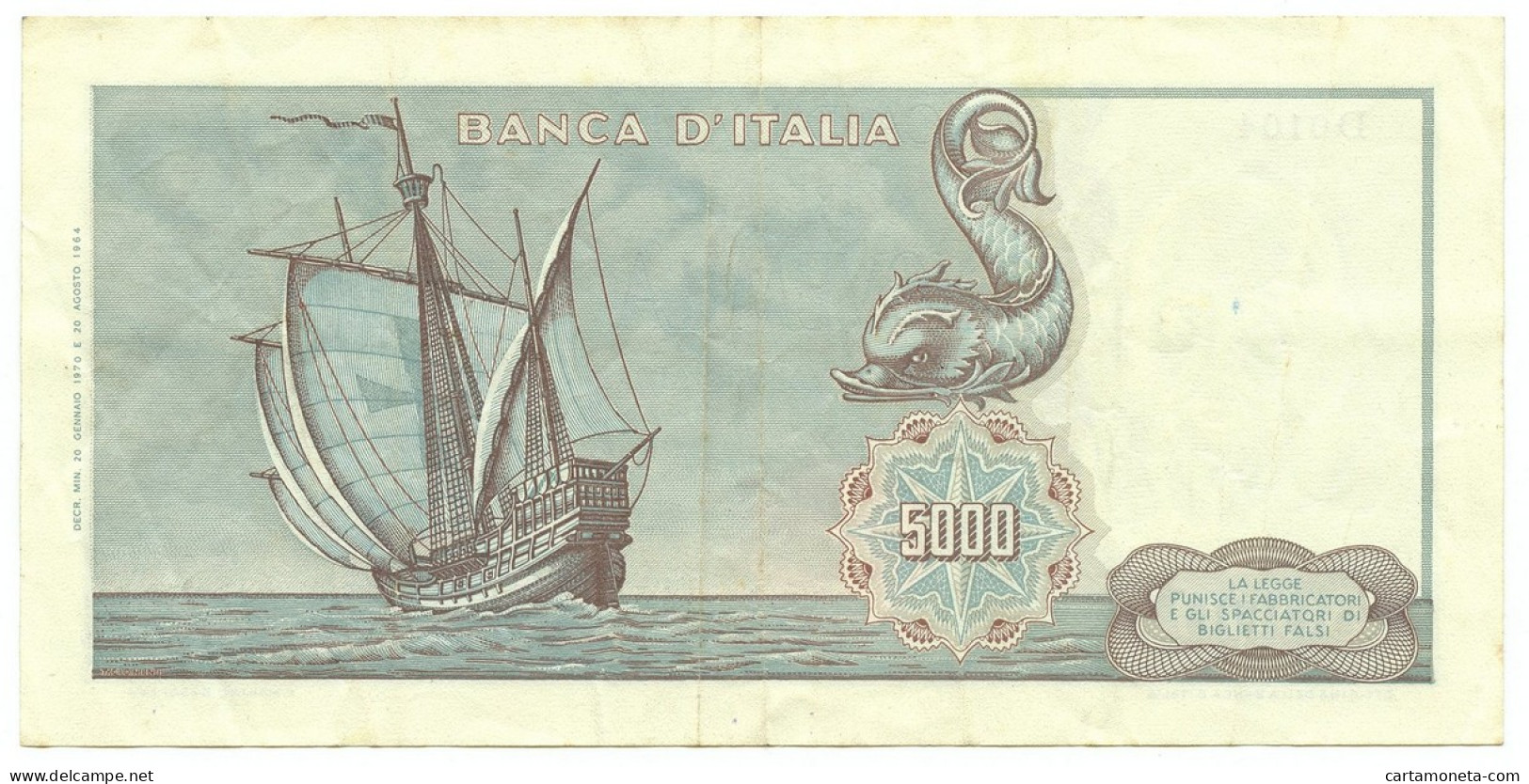 5000 LIRE CRISTOFORO COLOMBO I TIPO MEDUSA 20/01/1970 BB+ - Other & Unclassified