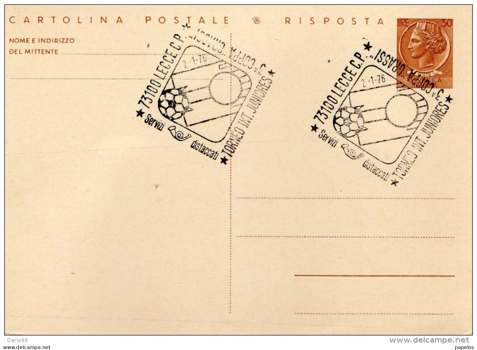 1976 CARTOLINA CON ANNULLO SPECIALE LECCE TORNEO INTERNAZIONALE - Stamped Stationery