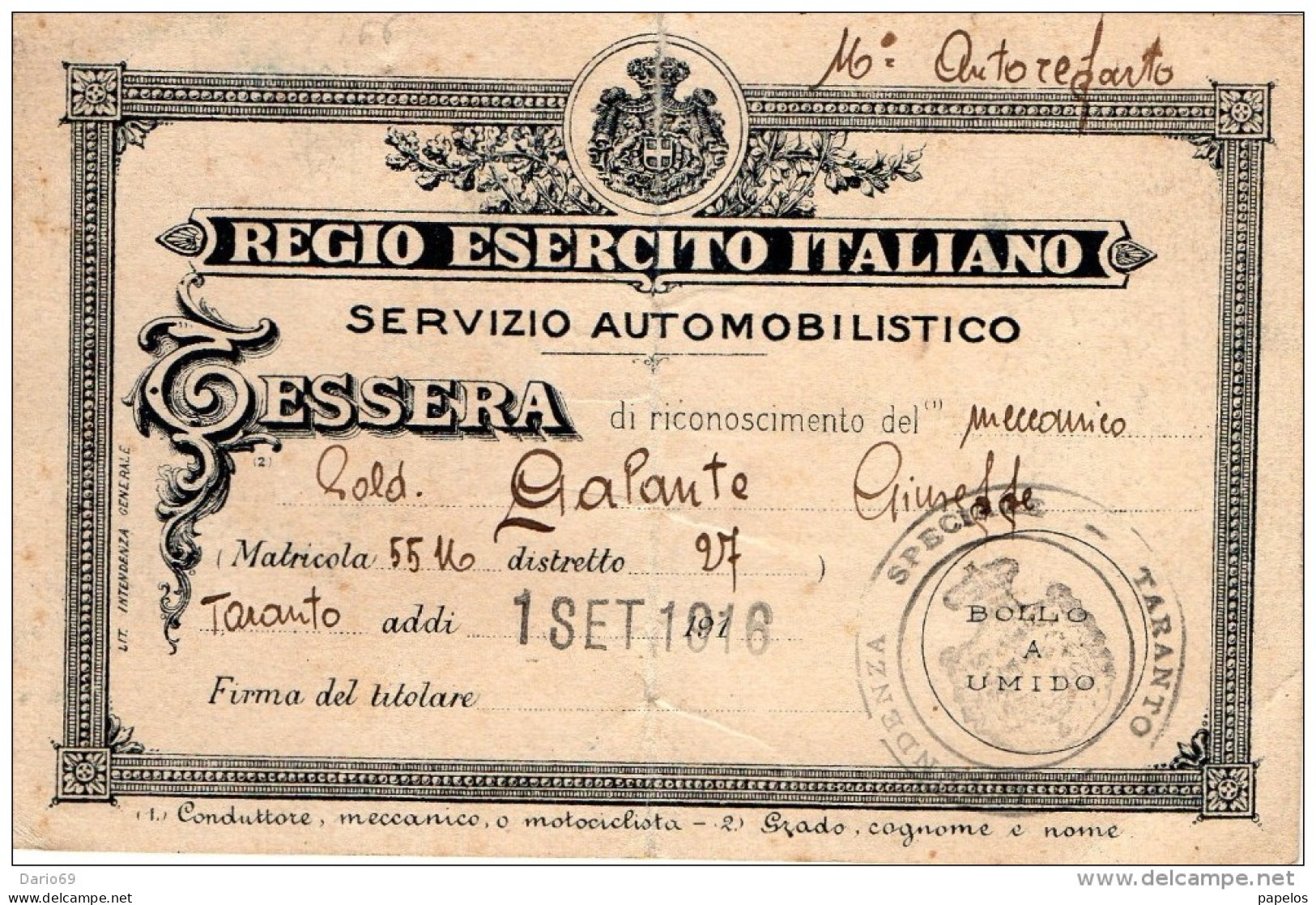 1916 TESSERA   REGIO ESERCITO ITALIANO SERVIZIO AUTOMOBILISTICO - Documenti