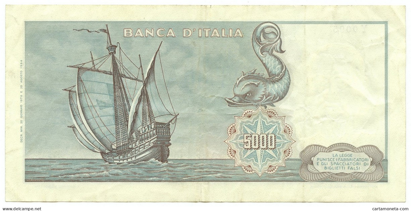 5000 LIRE CRISTOFORO COLOMBO I TIPO MEDUSA 20/01/1970 BB+ - Autres & Non Classés