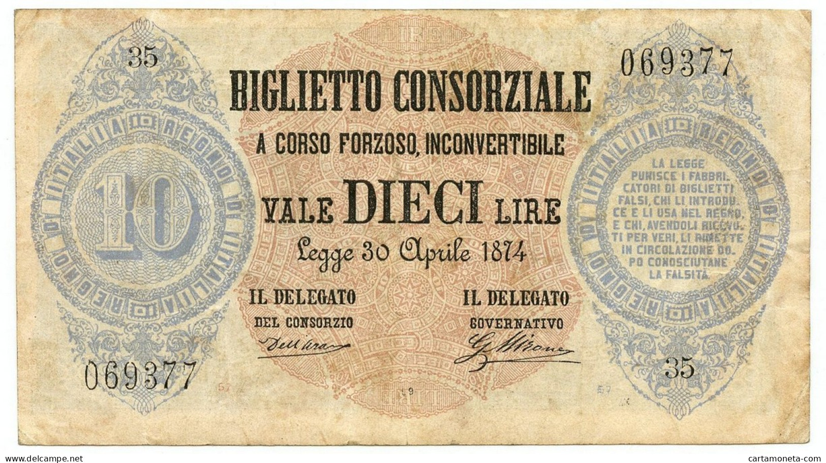 10 LIRE BIGLIETTO CONSORZIALE REGNO D'ITALIA 30/04/1874 BB/BB+ - Biglietto Consorziale