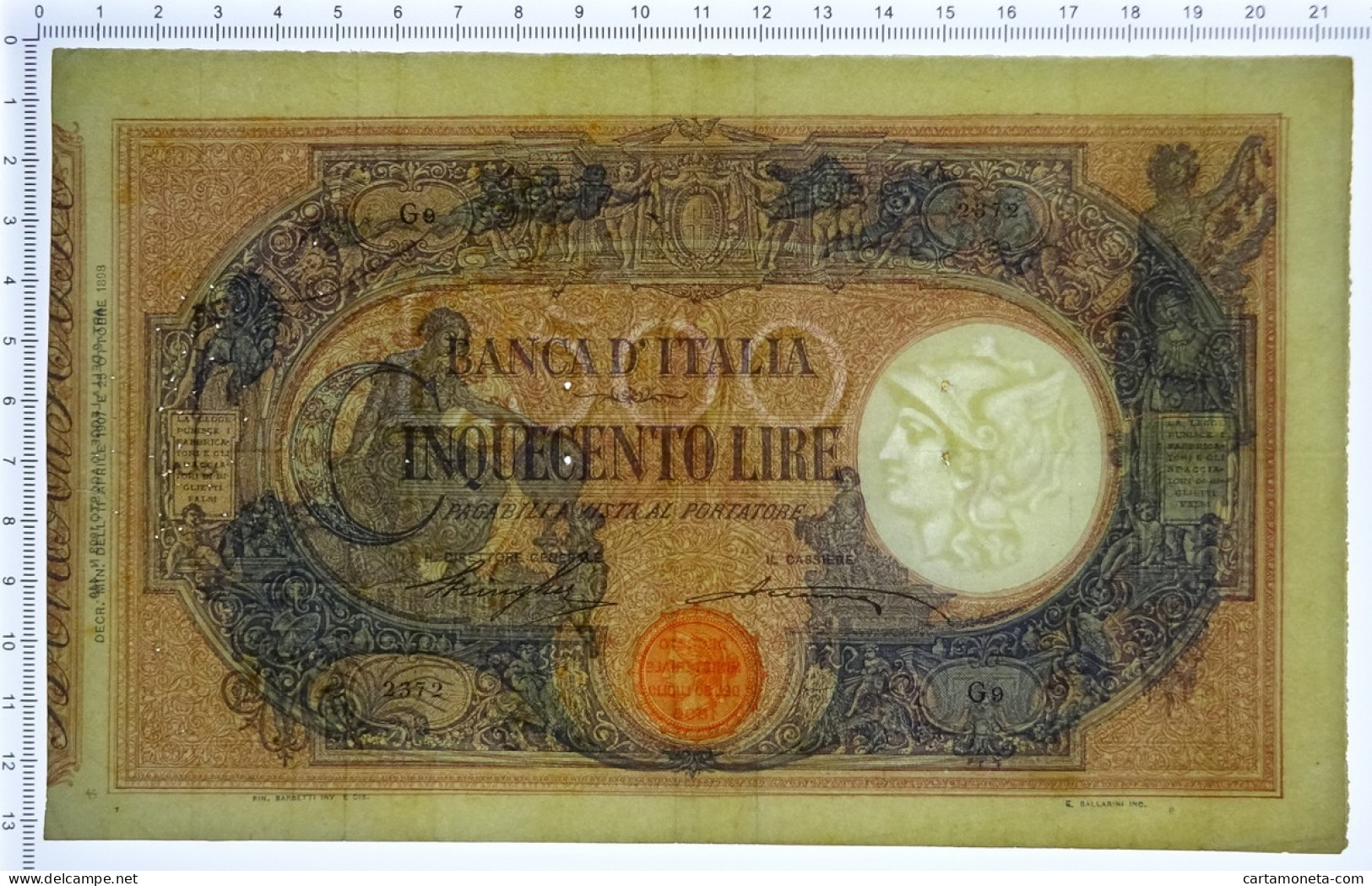 500 LIRE BARBETTI GRANDE C MATRICE LATERALE TESTINA DECRETO 11/04/1907 BB/BB+ - Andere