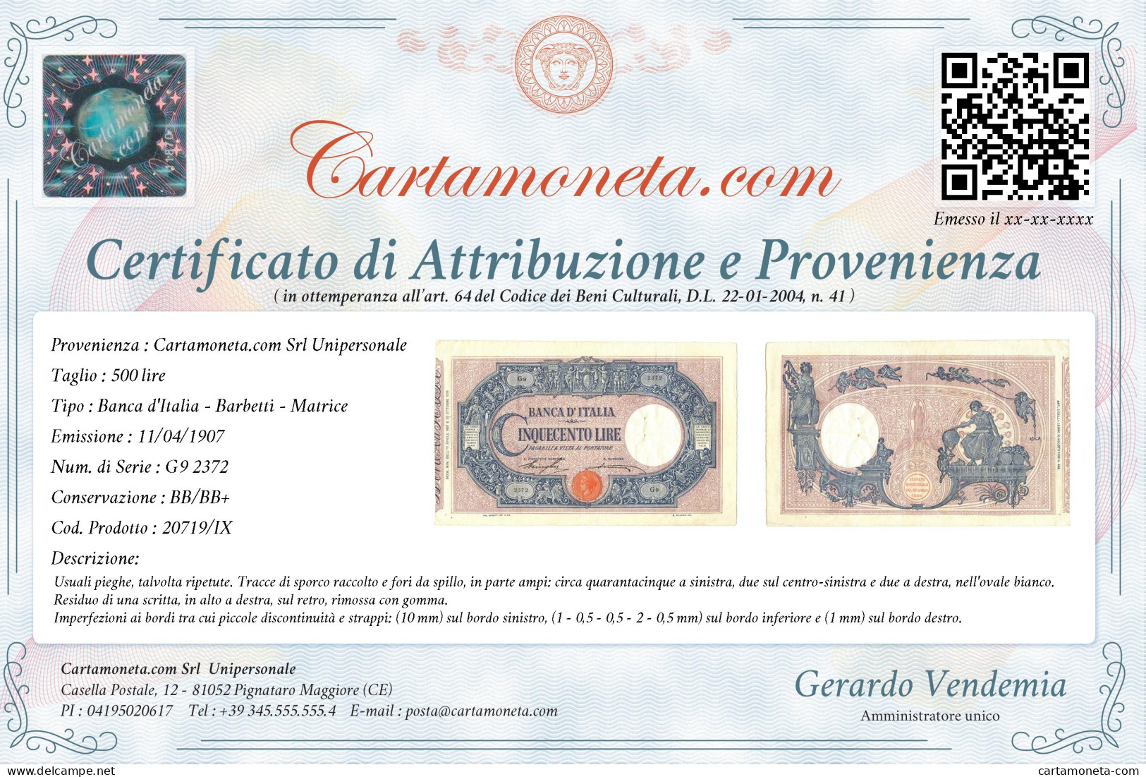 500 LIRE BARBETTI GRANDE C MATRICE LATERALE TESTINA DECRETO 11/04/1907 BB/BB+ - Andere
