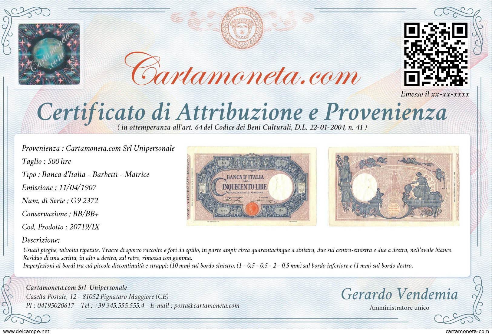 500 LIRE BARBETTI GRANDE C MATRICE LATERALE TESTINA DECRETO 11/04/1907 BB/BB+ - Sonstige