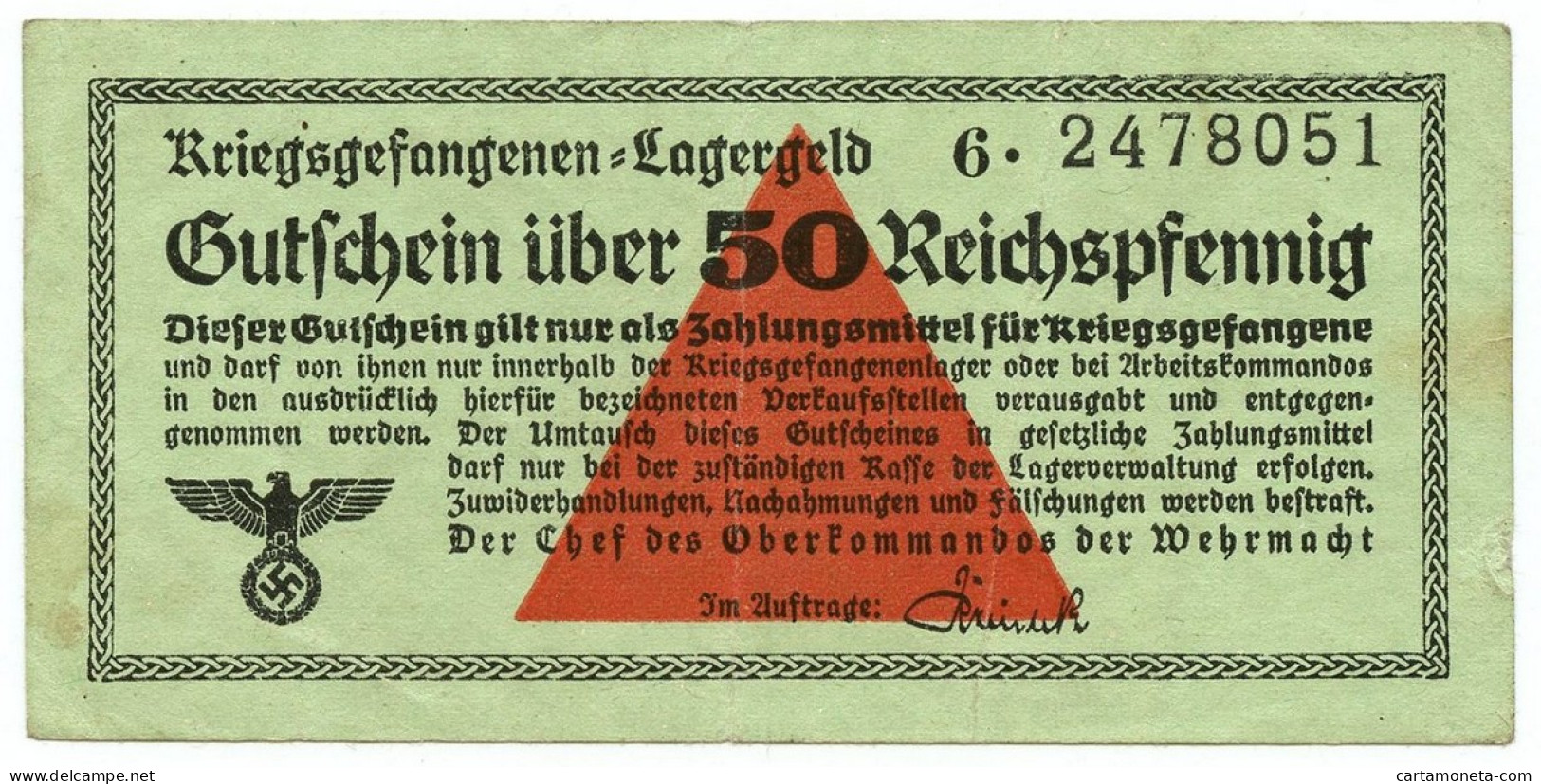 50 REICHSPFENNIG PRIGIONIERI DI GUERRA WWII GERMANIA LAGERGELD 1939-1945 BB+ - Otros & Sin Clasificación