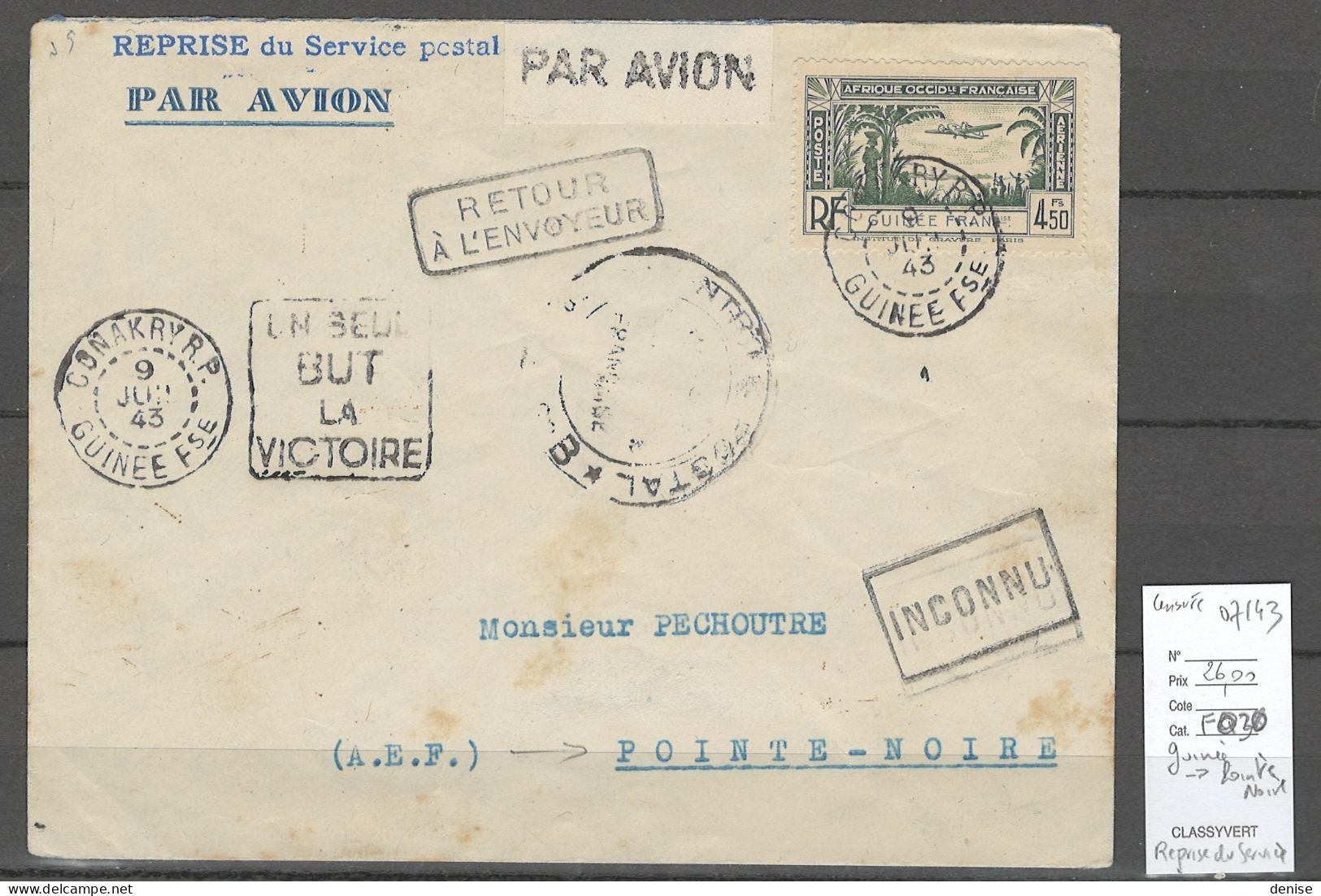 Guinée - Reprise Du Service Aérien Vers Pointe Noire - Gabon - Censurée - 07/1943 - Covers & Documents