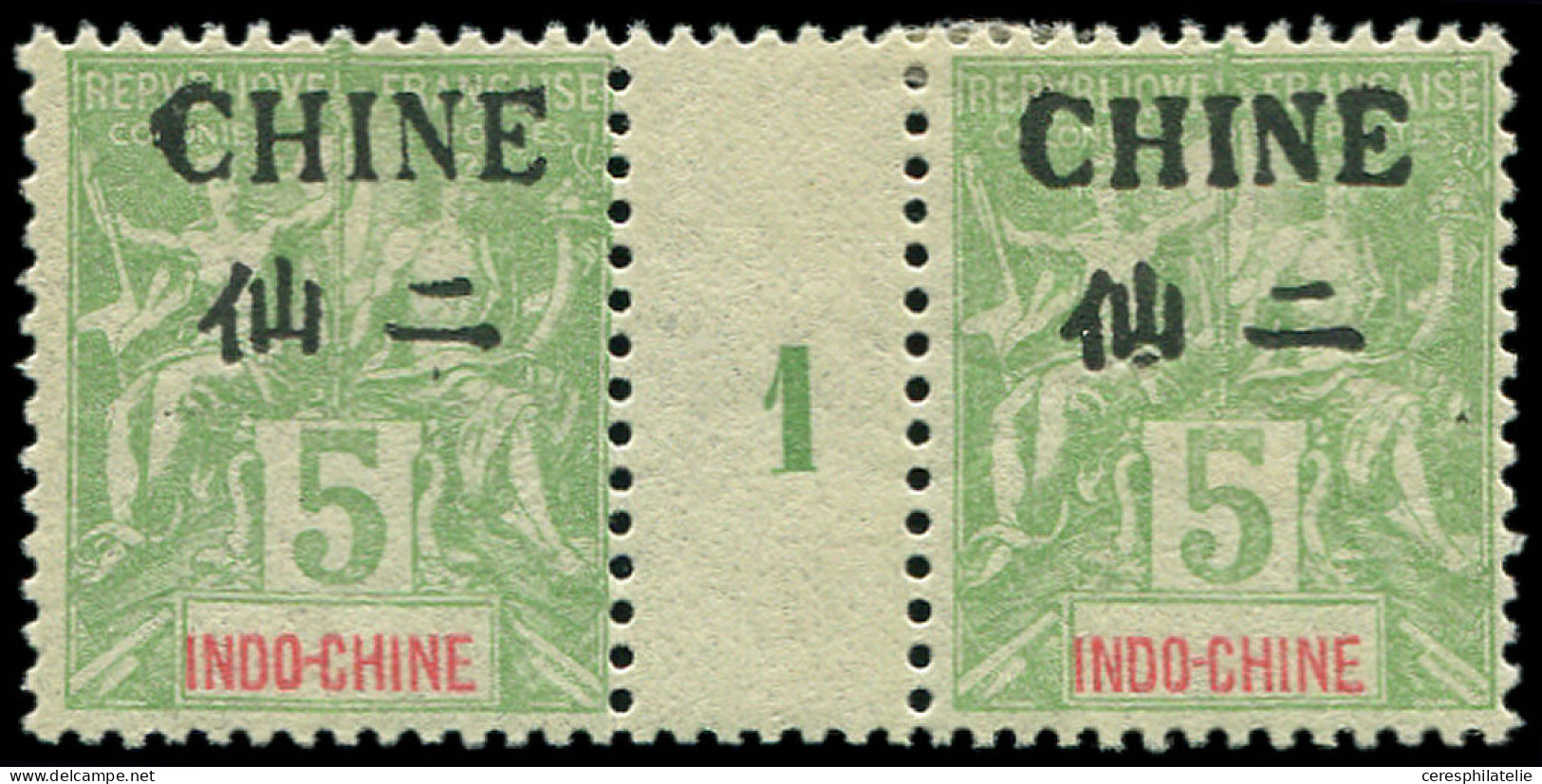 * CHINE 38 : 5c. Vert-jaune, PAIRE Mill.1, Gomme Coloniale, TB - Autres & Non Classés