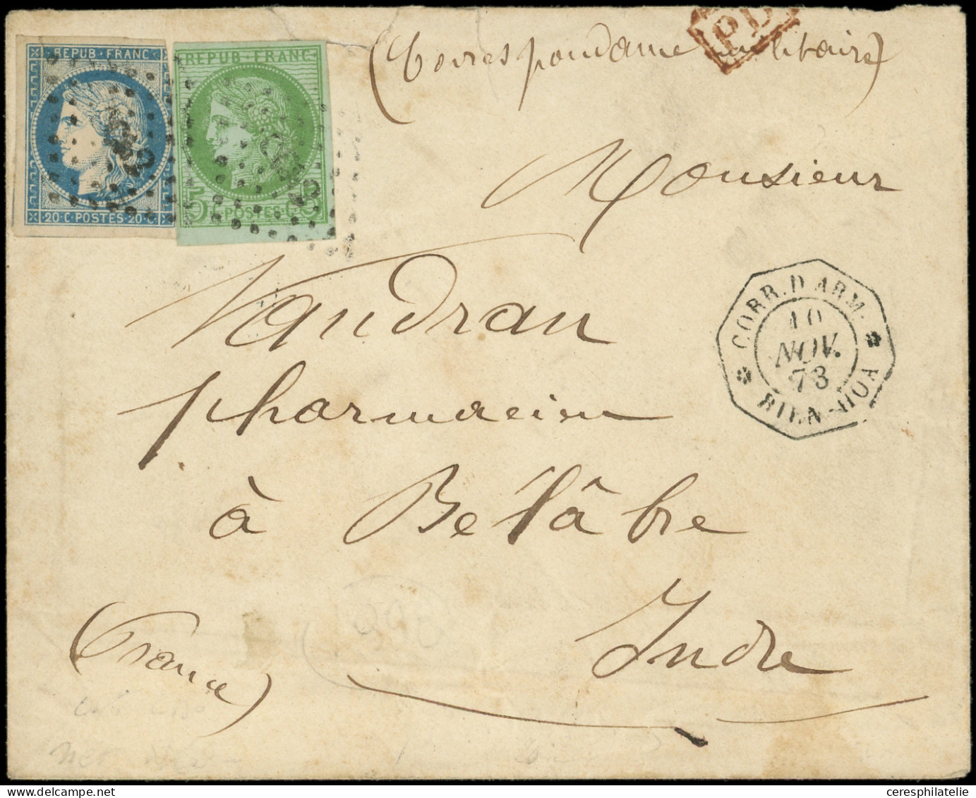 Let COCHINCHINE CG N°12 Et 17, Cérès 20c. Bleu (défx) Et 5c. Vert Obl. Los. CCN2 S. Env., Càd CORR. D'ARM. BIEN-HOA 10/1 - Other & Unclassified