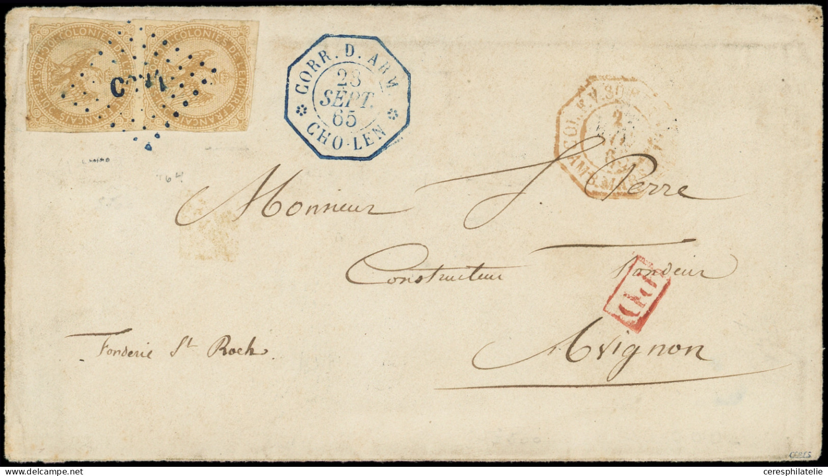 Let COCHINCHINE CG N°3 Aigle, 10c. Brun PAIRE Obl. Los. CCN3 S. DL, Càd Bleu CORR. D'ARM. CHO-LEN 28/9/65, Pour AVIGNON, - Altri & Non Classificati