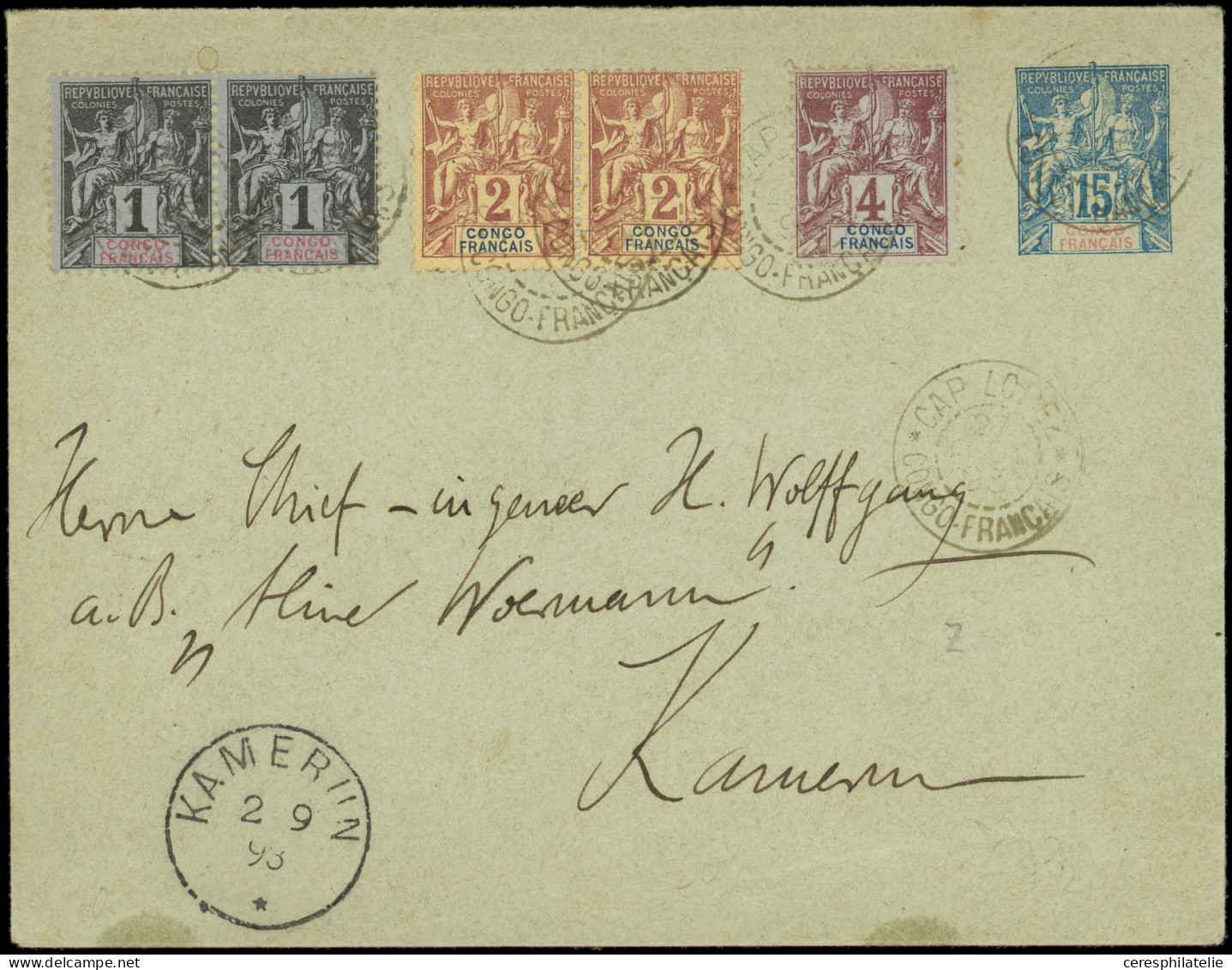 Let CONGO 12 Et 13 En PAIRES, N°14 Obl. Càd CAP LOPEZ S. Env. Entier 15c. Bleu, Arr. Càd KAMERUN 2/9/93, TB - Altri & Non Classificati