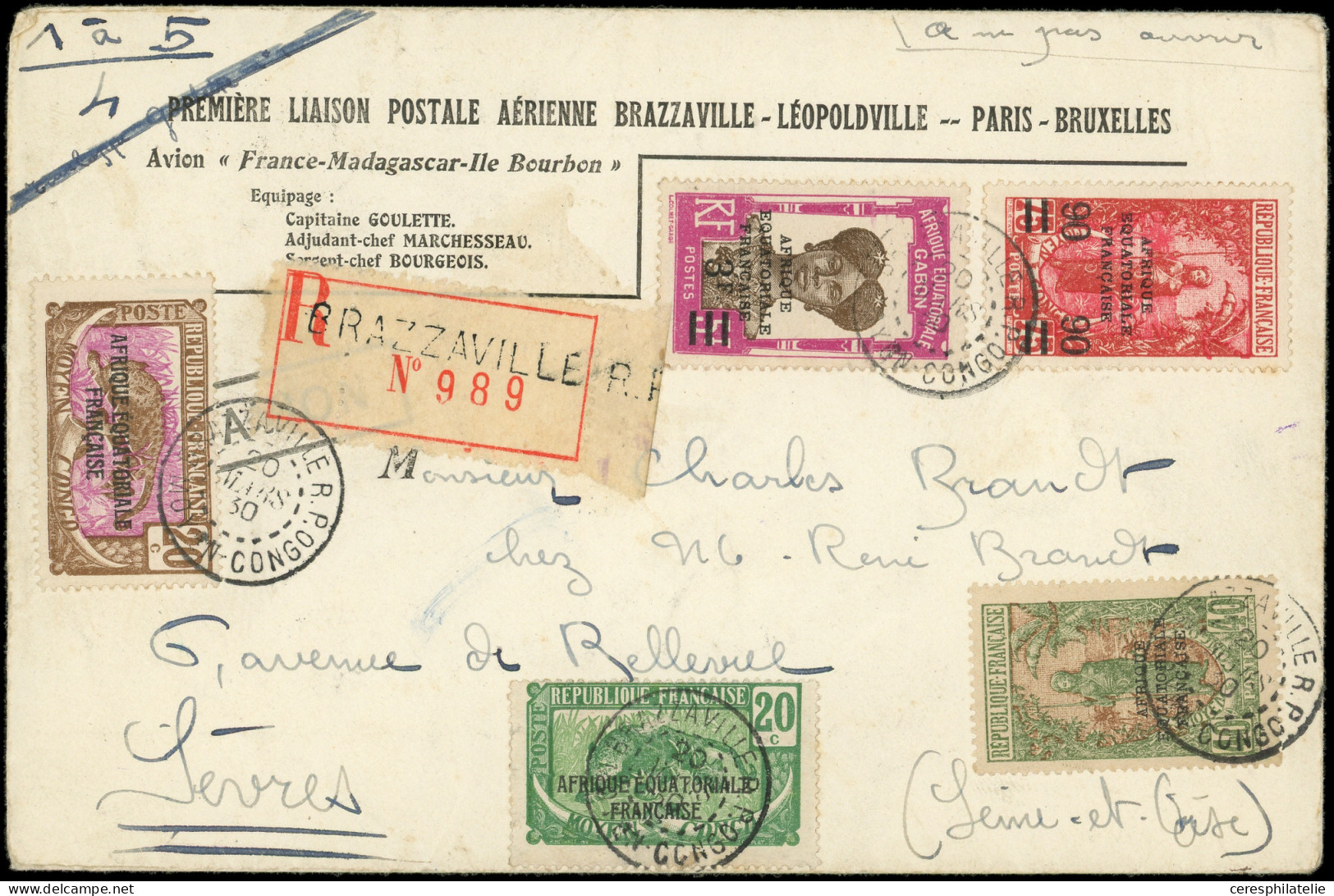 Let CONGO 82, 94, 95 Et 100 MIXTES Avec GABON N°113 Obl. BRAZZAVILLE RP 20/3/30 S. Env. Rec. 1ère Liaison Postale Aérien - Autres & Non Classés