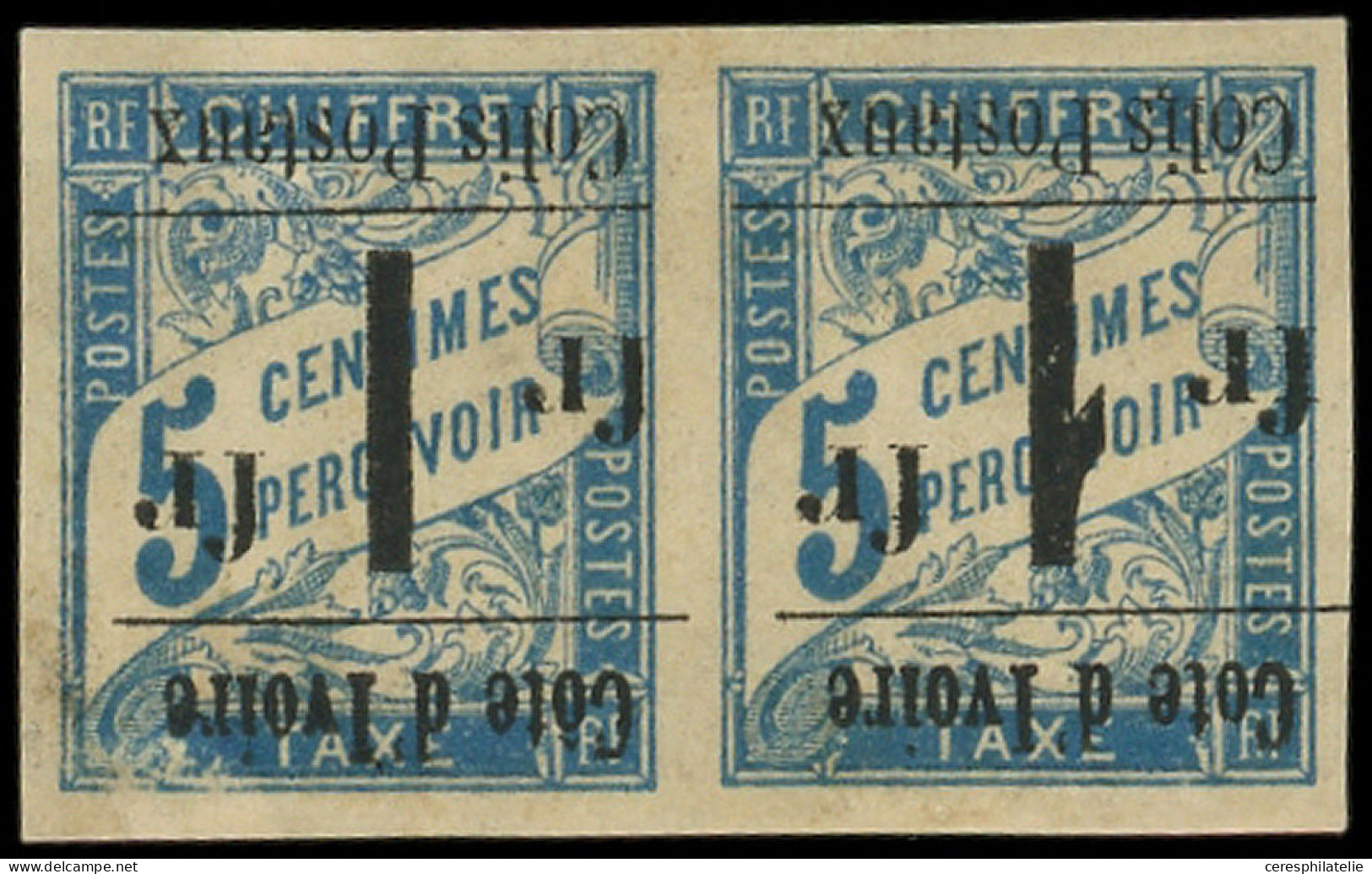 * COTE D'IVOIRE Colis Postaux 7 : 1f. Sur 5c. Bleu, Surcharge RENVERSEE, PAIRE T I Et T II, T I Sans Accent Sur Le O De  - Autres & Non Classés