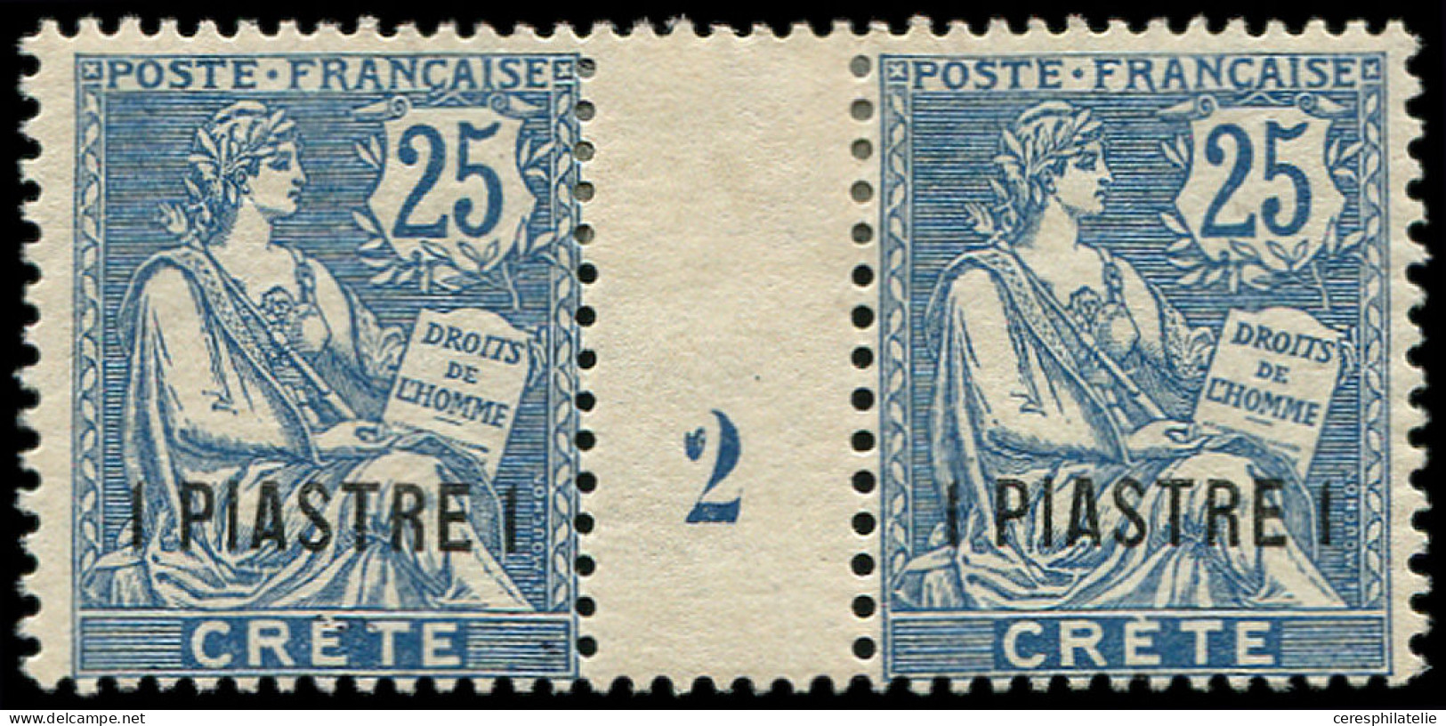 * CRETE 16 : 1pi. Sur 25c. Bleu, PAIRE Mill.2, TB - Other & Unclassified