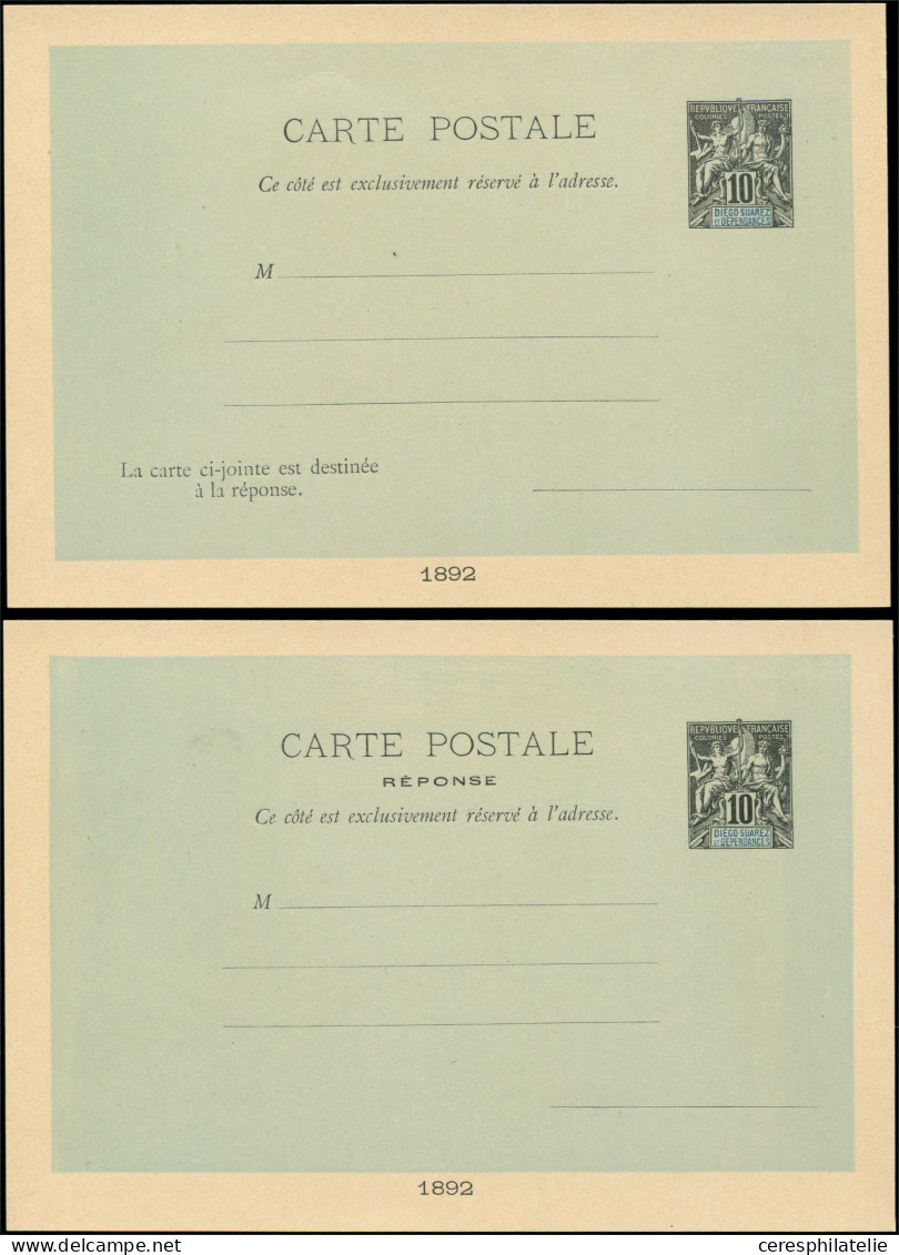 Let DIEGO SUAREZ 10c. Noir S. Verdâtre, 2 CP Entiers Dont Réponse, épreuves De Présentation Pour L'Expo De 1900 Avec 189 - Autres & Non Classés