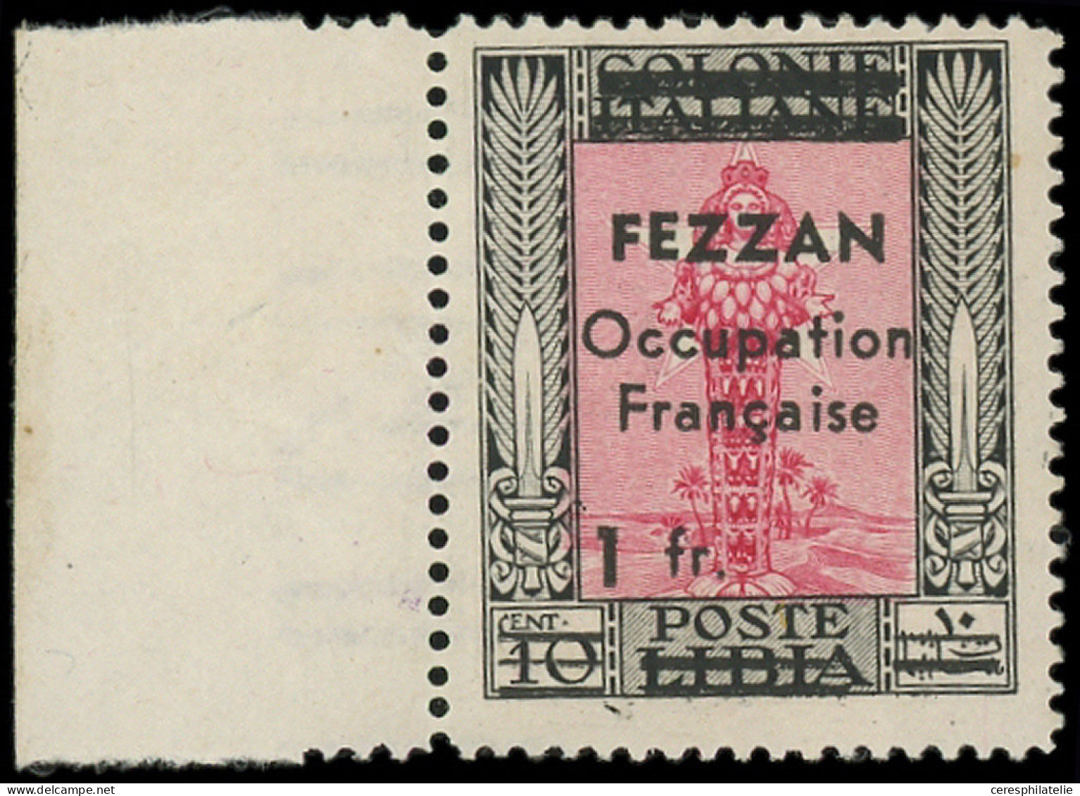 ** FEZZAN 3 : 1f. Sur 10c. Noir Et Rouge Carminé, Bdf, TB - Andere & Zonder Classificatie