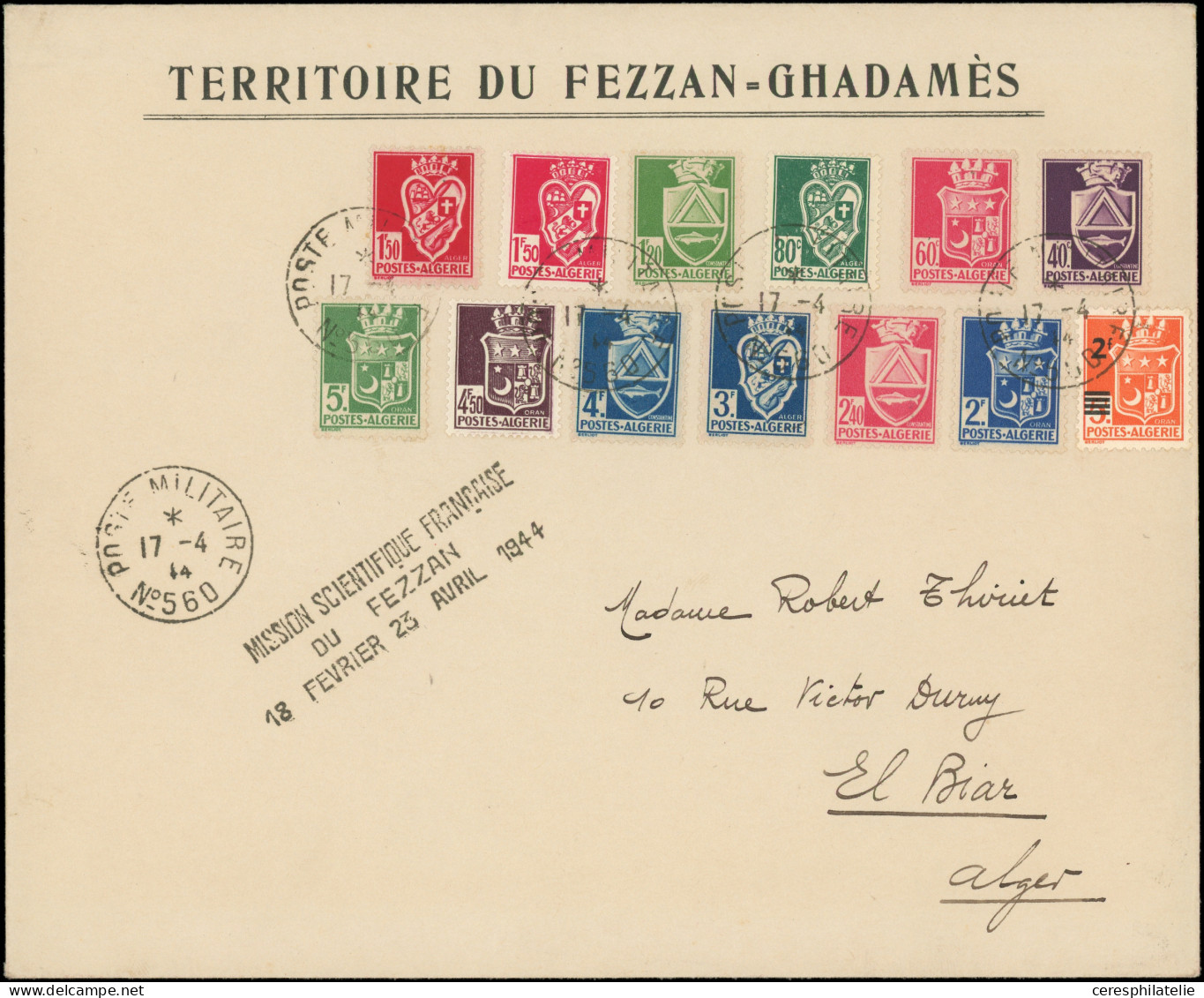 Let FEZZAN 13 TP D'Algérie Obl. POSTE MARITIME/N°560 17/4/44 S. Grande Env., Griffe Mission Scientifique Française/du Fe - Autres & Non Classés