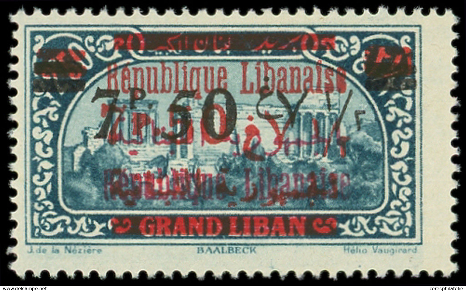 ** GRAND LIBAN 120c : 7p50 S. 2p50 Bleu, Surch. S. N°107 Au Lieu De 58, TB, Cote * - Other & Unclassified