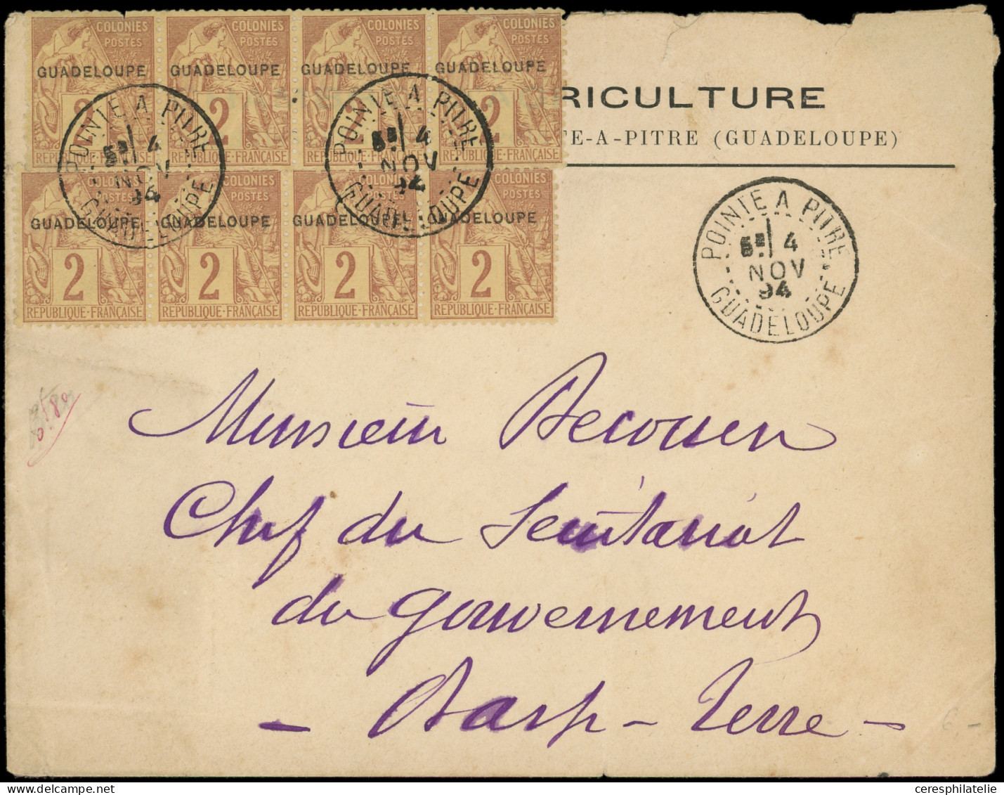 Let GUADELOUPE 15 : 2c. Lilas-brun Sur Paille, 2 BANDES De 4, Obl. Càd POINTE à PITRE 4/11/94 S. Env. Pour BASSE-TERRE,  - Otros & Sin Clasificación