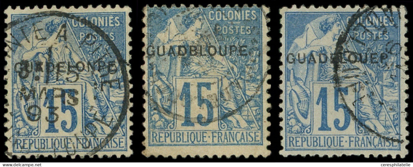 GUADELOUPE 19b, 19c Et 19d : 15c. Bleu, Variétés GUADBLOUPE, GUADELONPE Et GUADELOUEP, Obl., TB - Altri & Non Classificati