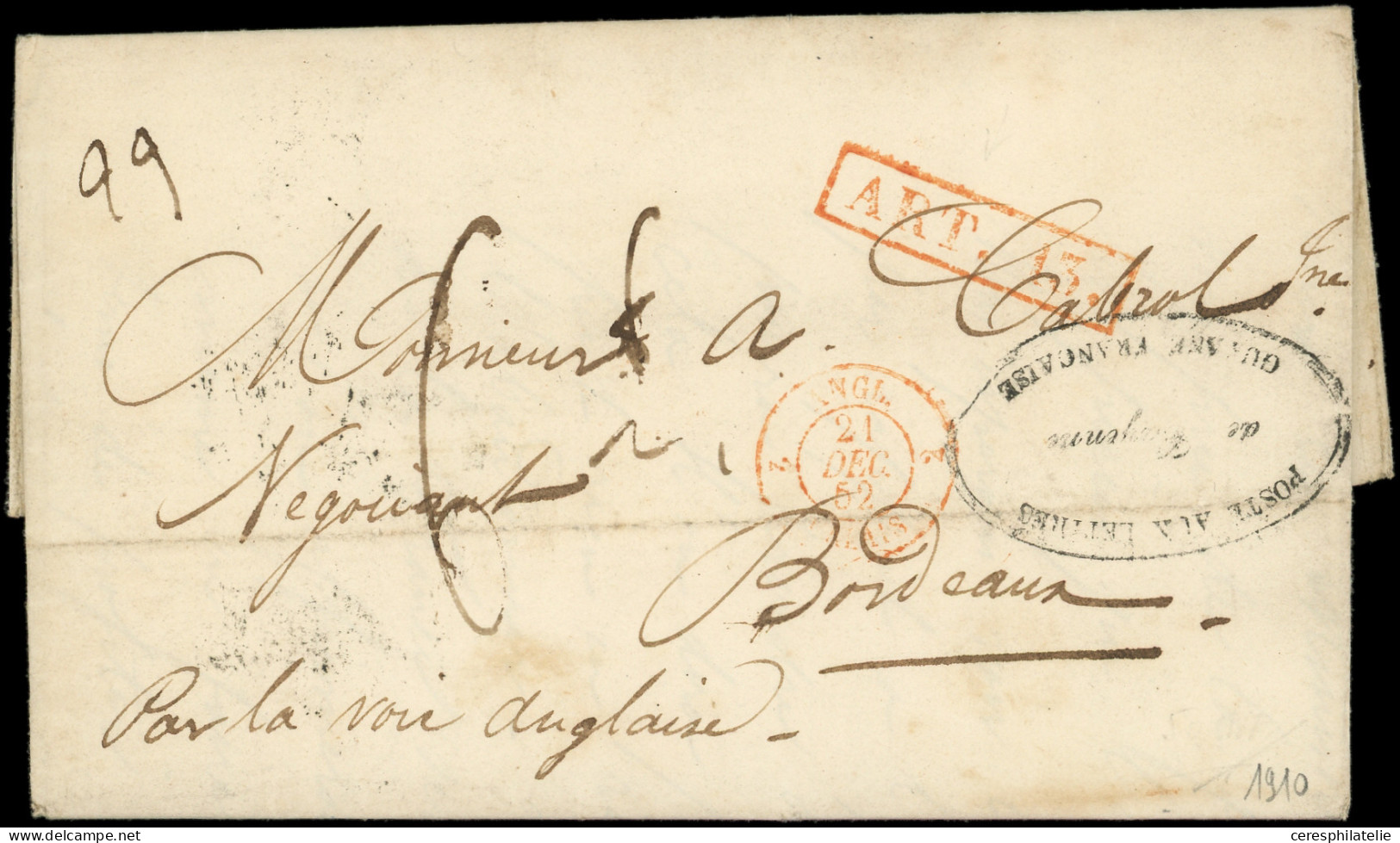 Let GUYANE MP Encadrée Rouge ART.13 Et Cachet Ovale POSTE AUX LETTRES De Cayenne GUYANE FRANCAISE S. LAC, Arr. Bordeaux  - Andere & Zonder Classificatie