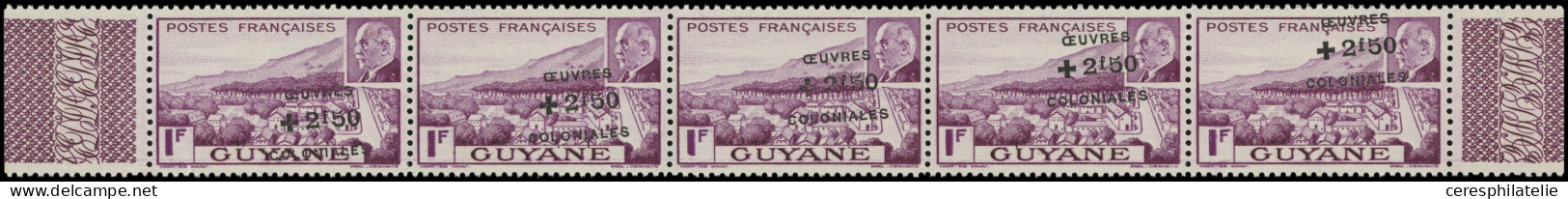 ** GUYANE 178 : +2f50 Sur 1f. Violet, Oeuvres Coloniales, BANDE De 5 Bdf, Surch. En Diagonale, TB - Sonstige & Ohne Zuordnung