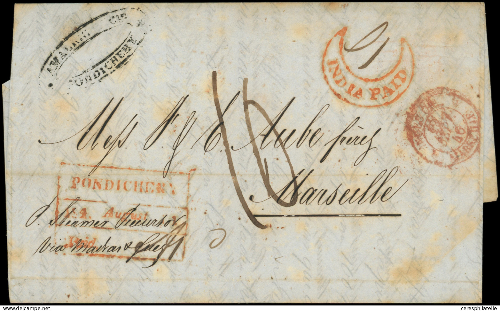 Let INDE Cachet PONDICHERY 1846 August 11 Et INDIA PAID, Passage MADRAS S. LAC Pour Marseille, TB - Autres & Non Classés