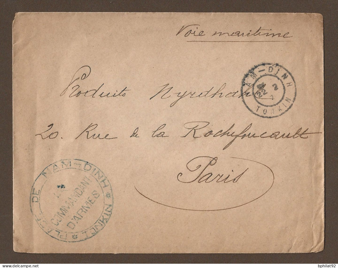 !!! INDOCHINE, LETTRE PAR VOIE MARITIME DE NAM-DINH, TONKIN POUR PARIS, CACHET DU COMMANDANT D'ARMES - Luftpost