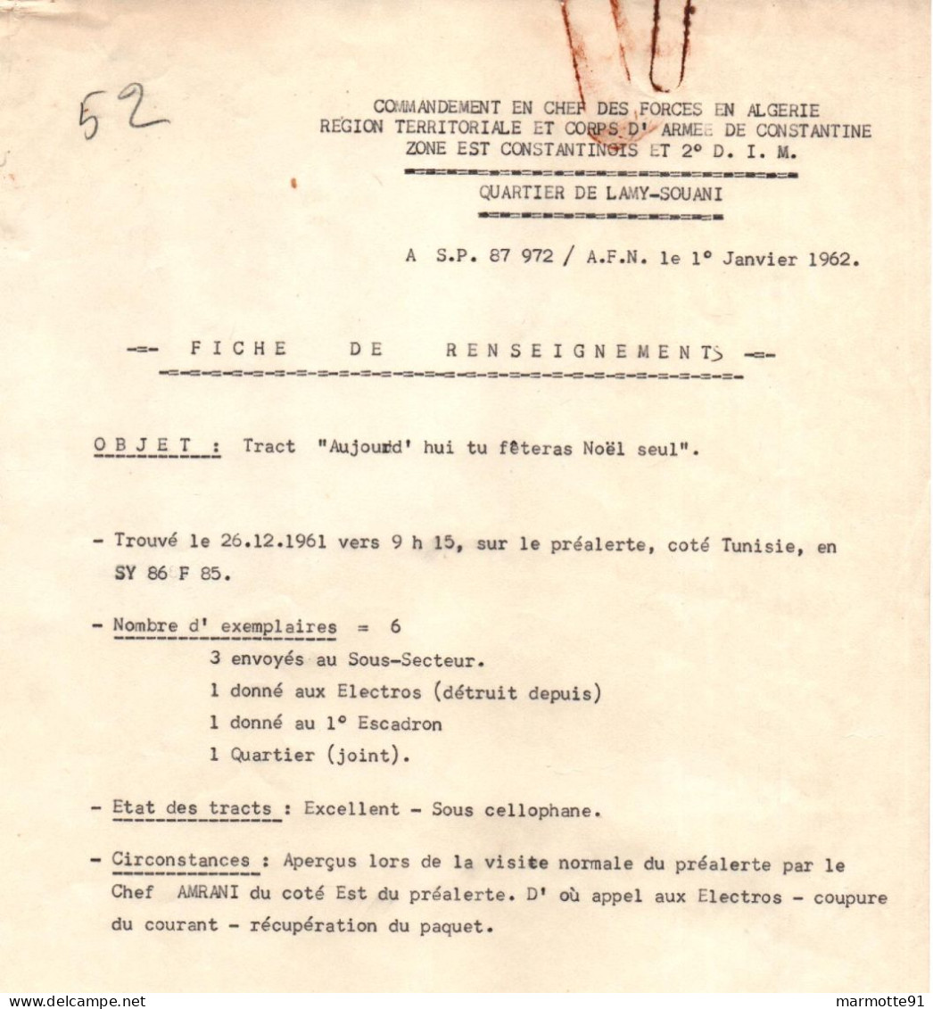 PROPAGANDE GUERRE ALGERIE  TRACT FLN  CONTINGENT FRANCAIS NOEL - Documenti