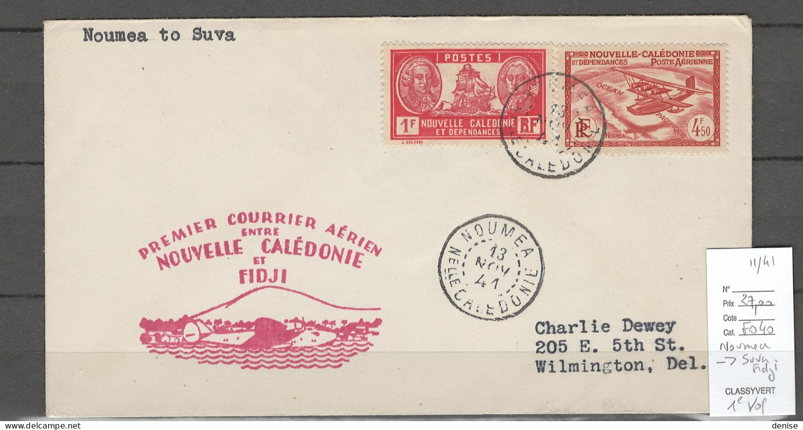 NOUVELLE CALEDONIE- 1er Vol Vers Suva - Fidji - 11/1941 - Briefe U. Dokumente