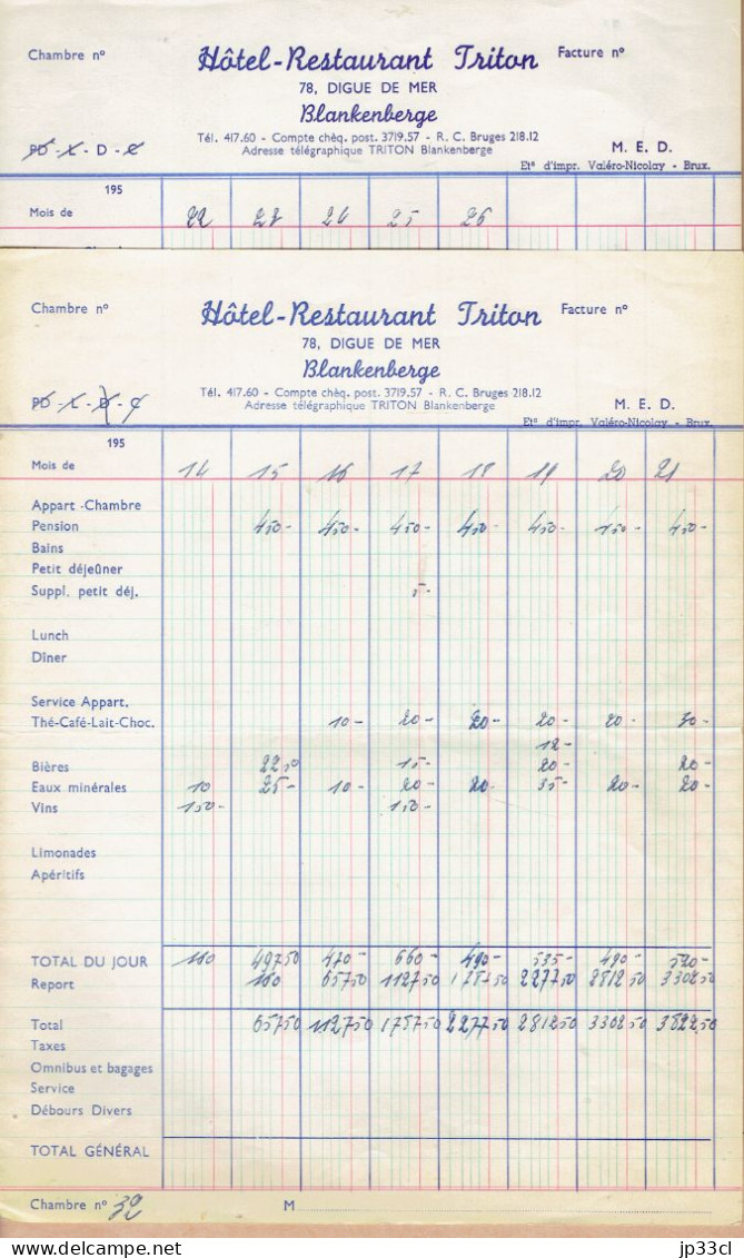 Lot De 2 Anciennes Factures De L'Hôtel-Restaurant Triton, Digue De Mer, Blankenberge (années 1950) - 1950 - ...