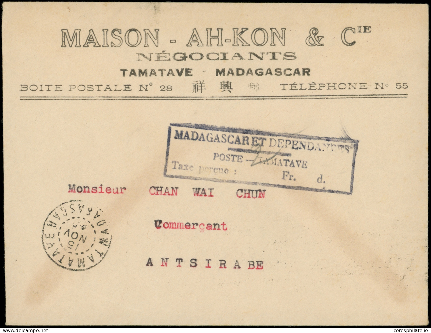 Let MADAGASCAR Griffe Taxe Perçue "2" Fr. S. Env., Càd TAMATAVE 15/11/45, Arr. Antsirabé 17/11, TB - Andere & Zonder Classificatie