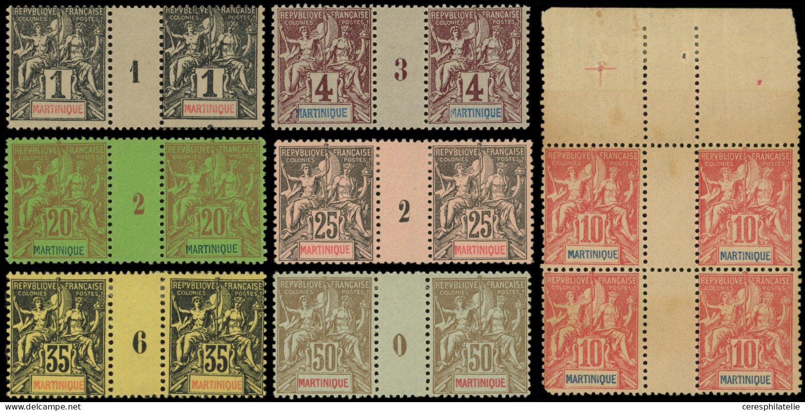 * MARTINIQUE Lot De 6 PAIRES Mill. TB Et ** N°45 BLOC De 4 Sans Mill., Un Angle Arrondi - Autres & Non Classés