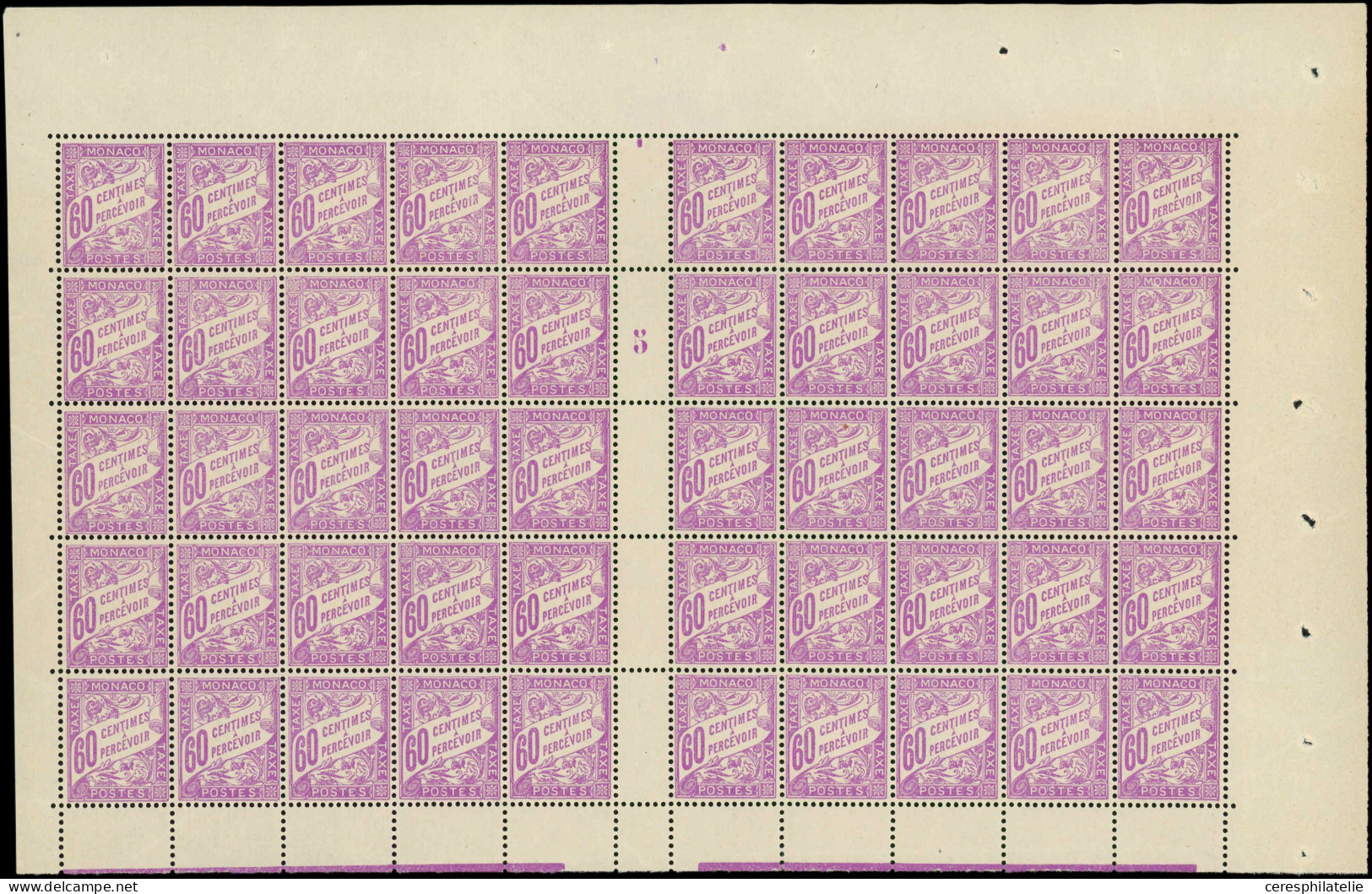 ** MONACO Taxe 22 : 60c. Lilas, PANNEAU De 50 Millés. 5, RR Et TB - Taxe